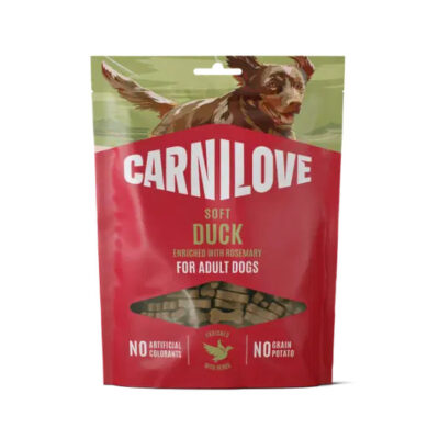 Red Carnilove Soft Duck dog treats pouch for adult dogs, featuring a dog illustration and a window showing treats.
