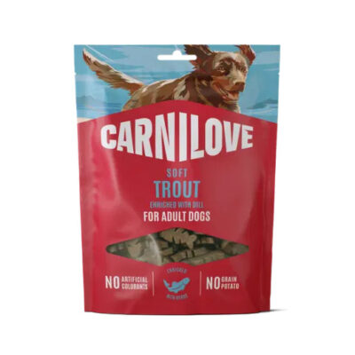 Bag of Carnilove Soft Trout dog treats for adult dogs, red packaging with a retriever illustration and dill flavor.
