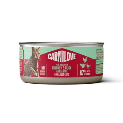 CARNILOVE cat pâté can label with a cat on the left, advertising chicken, duck and pheasant for adult cats; 67% meat, no grains/sugar on the label.