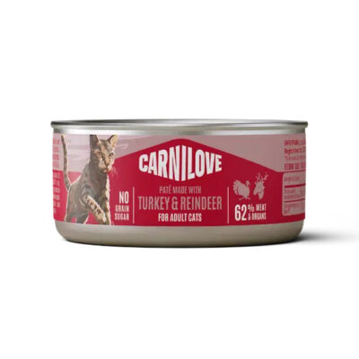 Carnilove canned cat food for adult cats, turkey & reindeer flavor, pink label with a cat image on the side