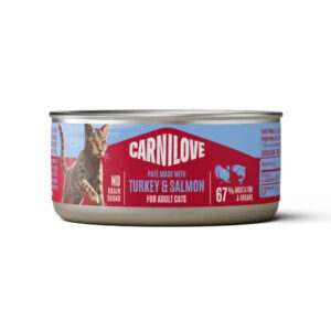 Carnilove cat food can, turkey & salmon for adult cats, 67% meat/fish, no grain. Red label with a cat image on blue background.