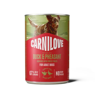 Can of Carnilove Duck & Pheasant dog food for adult dogs, red label with a running dog image