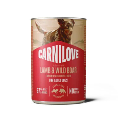 Carnilove dog food can labeled Lamb & Wild Boar for adult dogs with a running dog image on red can. No grain claim visible or nutrition icons.