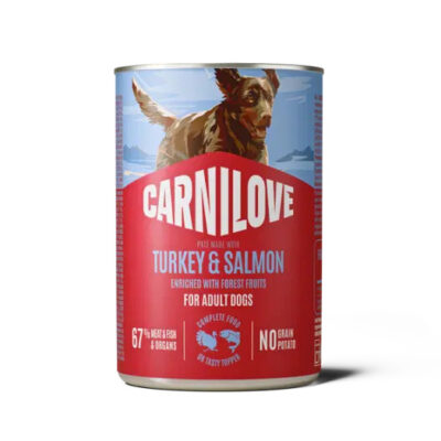 Can of Carnilove dog food, turkey & salmon flavor for adult dogs, label shows a dog and mountains.