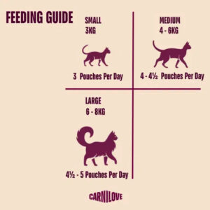 Feeding guide: weight-based pouch portions for pets—Small 3 kg: 3 pouches/day; Medium 4–6 kg: 4–4.5 pouches/day; Large 6–8 kg: 4.5–5 pouches/day.