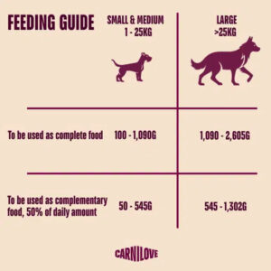 Feeding guide for dogs by size: small/medium 1–25 kg and large over 25 kg, with daily amounts for complete vs. half-daily complementary use (g).