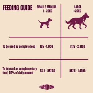Feeding guide chart for dogs: two columns for small/medium (1–25 kg) and large (>25 kg) with dog silhouettes and grams. Rows show amounts for complete food: 105–1,175 g (small/medium) and 1,175–2,810 g (large); and for complementary feeding (50% of daily amount): 52.5–587.5 g (small/medium) and 587.5–1,405 g (large).