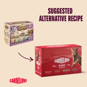 Two Carnilove cat food boxes; a purple box on the left labeled 'Suggested Alternative Recipe' with an arrow pointing to a red Carnilove box on the right.