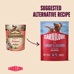 Graphic showing a left Carnilove Salmon dog food pouch and a right Carnilove Turkey & Salmon for Puppies pouch with an arrow between them and the words 'SUGGESTED ALTERNATIVE RECIPE'—indicating an alternative recipe.