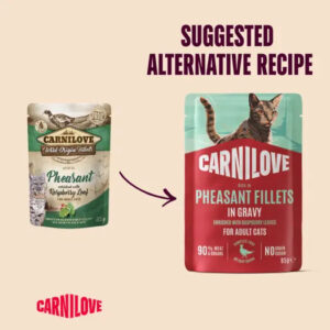 Graphic titled 'SUGGESTED ALTERNATIVE RECIPE' showing a small Carnilove pheasant pouch on the left and a larger Carnilove pheasant fillets in gravy pouch for adult cats on the right, with an arrow between them.