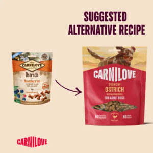 Graphic showing a small Carnilove Ostrich with berries bag transforming into a larger Carnilove Crunchy Ostrich dog food bag for adult dogs, labeled 'Suggested Alternative Recipe'.
