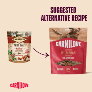 Graphic showing Carnilove dog treats: a smaller Wild Boar bag on the left and a larger Crunchy Wild Boar bag on the right, with an arrow between them indicating a change.