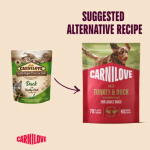 Infographic showing a Carnilove duck canned dog food on the left and a Carnilove turkey & duck dry dog food bag on the right, with an arrow and the heading 'Suggested Alternative Recipe' above.