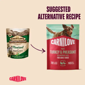 Graphic showing a left Carnilove pheasant dog food bag and a right Carnilove Turkey & Pheasant for adult dogs bag, with an arrow and the text 'SUGGESTED ALTERNATIVE RECIPE' above.