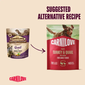 Informational graphic showing a switch from Carnilove Quail dog food (left) to Carnilove Turkey & Quail pâté for adult dogs (right) with a 'Suggested Alternative Recipe' label.
