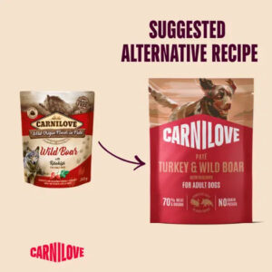 Graphic showing Carnilove dog food: left is Wild Boar canned food, right is Turkey & Wild Boar bag, with an arrow indicating the suggested alternative recipe.
