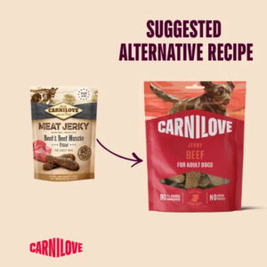 Infographic showing a suggested swap: beige Carnilove Meat Jerky bag transitioning to red Carnilove Beef for Adult Dogs bag, with an arrow between.
