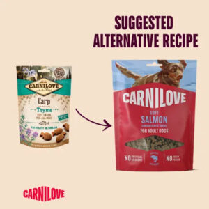 Ad image showing Carnilove dog food: left bag Carp & Thyme, right bag Soft Salmon; arrow indicates a suggested alternative recipe.