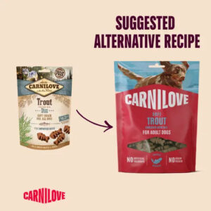 Comparison of two Carnilove Trout dog treats bags: old beige pouch on the left and new red pouch on the right, with an arrow and the 'SUGGESTED ALTERNATIVE RECIPE' heading.