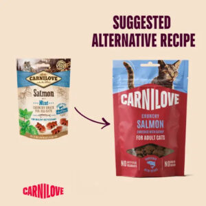 Infographic showing a small Carnilove Salmon cat treat bag on the left and a larger Carnilove Crunchy Salmon bag on the right, connected by an arrow beneath the heading 'Suggested Alternative Recipe'.