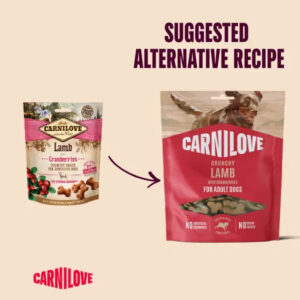 Illustration showing switching from a small Carnilove Lamb dog food bag to a larger bag labeled 'Crunchy Lamb for adult dogs' with an arrow and the heading 'Suggested Alternative Recipe'.