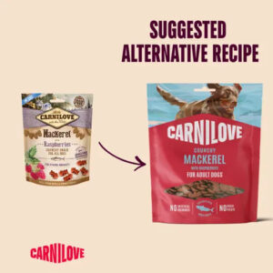 Heading 'SUGGESTED ALTERNATIVE RECIPE' with an arrow from a small Carnilove raspberry dog food bag to a larger Carnilove crunchy mackerel bag for adult dogs.