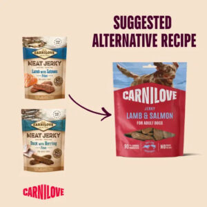 Graphic titled 'Suggested Alternative Recipe' showing two smaller Carnilove Meat Jerky bags on the left and a larger Lamb & Salmon dog jerky bag on the right.