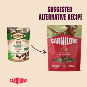 Two Carnilove dog food bags showing a switch: left bag Duck with Rosemary, right bag pink Carnilove Duck, arrow between; title reads 'Suggested Alternative Recipe'