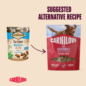 Graphic titled 'Suggested Alternative Recipe' showing two Carnilove dog food pouches—Sardines with Garlic and Soft Sardines—connected by an arrow.