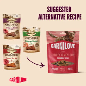 Collage of Carnilove jerky bags on the left feeding into a large pink Carnilove bag for adult dogs; text 'Suggested Alternative Recipe' at top.