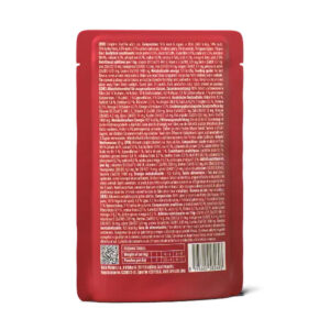 Back view of a red packaging bag with small white text, nutrition table, and a barcode on the lower portion