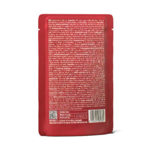 Red stand-up pouch standing upright, showing dense nutrition facts text and a barcode on the back.