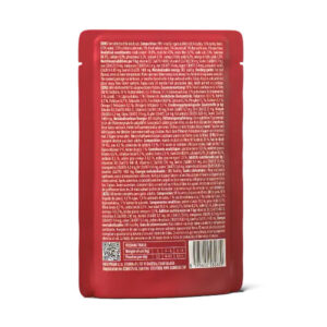 Red standing pouch with a dense white label on the back and a barcode at the bottom right, containing ingredient and nutrition text (not legible).