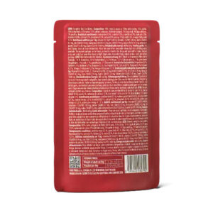 Back view of a red stand-up pouch with dense white text, ingredient list, nutrition info, and a barcode at the bottom right.
