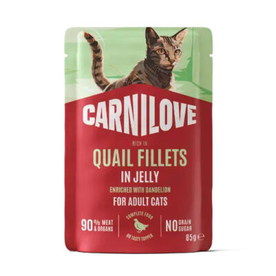 Pouch of Carnilove cat food: Quail Fillets in Jelly for adult cats, with a cat illustration on green and red packaging.