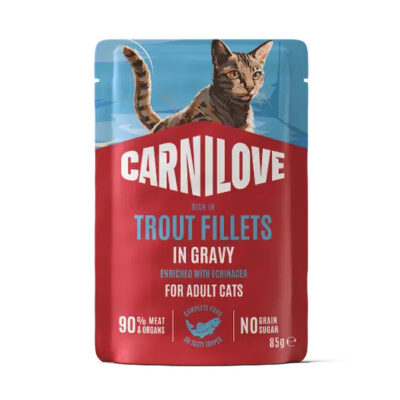 Carnilove Trout Fillets in Gravy cat food for adult cats; 90% meat & organs, no grain, enriched with echinacea.