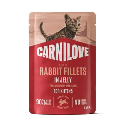 Carnilove cat food bag for kittens, rabbit fillets in jelly, red pouch with a cat illustration and 85 g weight
