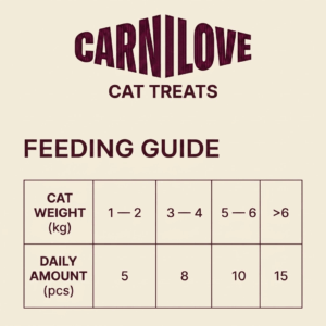 Carnilove Cat Treats feeding guide: daily amounts by cat weight (1–2 kg: 5, 3–4 kg: 8, 5–6 kg: 10, >6 kg: 15).