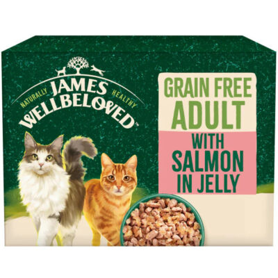 Front of James Wellbeloved grain-free adult cat food with salmon in jelly; two cats and a bowl of kibble on green packaging.