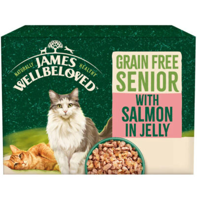 Packaging for James Wellbeloved grain-free senior cat food with salmon in jelly; shows two cats and a bowl of kibble on a green background.