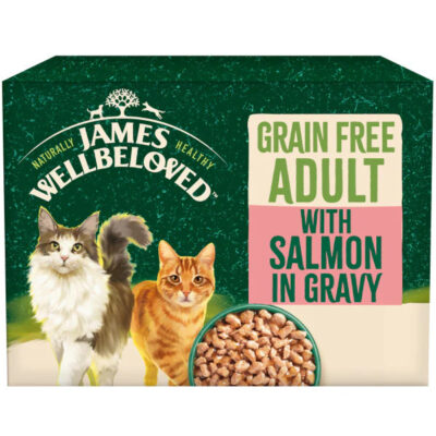 Product packaging for James Wellbeloved grain-free adult cat food with salmon in gravy; two cats and a bowl of kibble pictured.