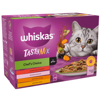WHISKAS® TASTY MIX Chef's Choice in Gravy 1+ Adult Wet Cat Food Pouches, 12 x 85g