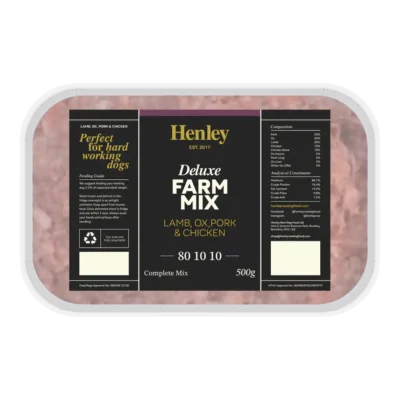 Henley Raw Dog Food - Deluxe Farm Mix Lamb, Ox, Pork & Chicken 80/10/10 500g