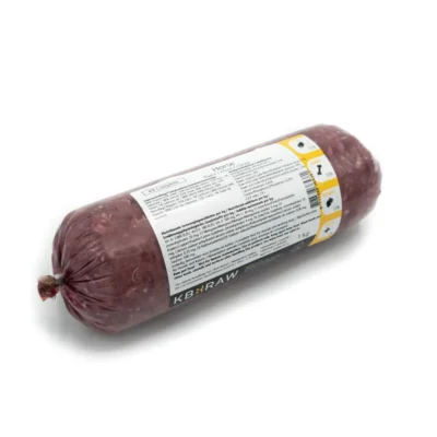Rolled salami sausage with a white label and yellow band on a white background in a plastic casing.