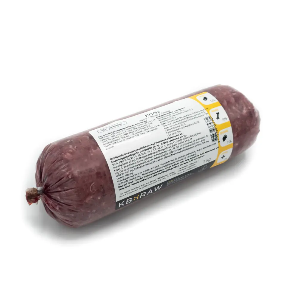 Rolled salami sausage with a white label and yellow band on a white background in a plastic casing.